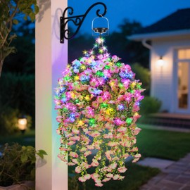 GOESWELL Outdoor Hanging Artificial Flowers Basket: Fake Plants Hanging Basket with Solar String Lights for Home Garden Enthusiasts- Realistic Faux Silk Flower Baskets for Porch Wall Patio Tree Decor