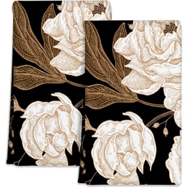 YOCIBIUT Retro Beige Gold Penoy Kitchen Towels Set of 2,Decorative Brown Black Leave Flower Bouquet Dish Towels for Kitchen with Hanging Loop,Absorbent Quick Dry Hand Tea Towels Dish Cloths 16"x26"
