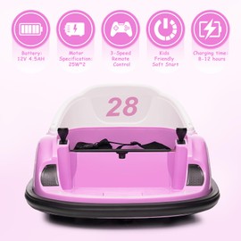 12V Kids Ride On Bumper Car Electric Vehicle for Toddlers Bumping Car with Remote Control, 360° Spin, Battery Display, LED Lights, Music, Pink