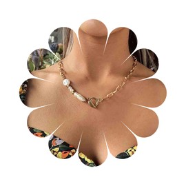 Inilbran Boho Pearl Necklace Baroque Pearl Necklace Gold Paper Clip Chain Necklace Irregular Pearl Necklace Vintage Toggle Clasp T Bar Necklace Necklace for Women