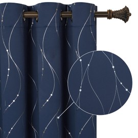 BUHUA Navy Blue Blackout Curtains, Soundproof Curtains Grommet Top Drapes - Wave Line and Dots Printed, Thermal Insulated Curtain for Bedroom Living Room (52 x 63 Inch, Navy Blue, 2 Panels)