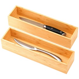 Umilife Bamboo Kitchen Drawer Organizer, Extra High Silverware Tray, Flatware Cutlery Storage Box, Multi-Use Holder in Office, Bathroom, Pantry - 12"x3"x2.5" (Set of 2)