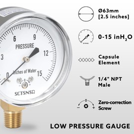 SCTSNSR 0 to 15 Inches of Water Column Pressure Gauge, Capsule Measurement System, 2.5 inch Dial, 1/4" NPT Lower Mount, Chrome Plated Case, for Gas Line, Regulator, Air, Low Pressure Test