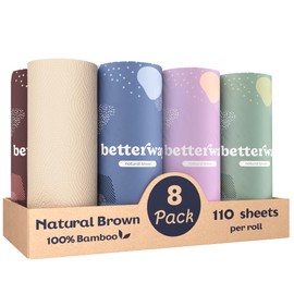 Betterway Bamboo Natural Brown Paper Towels - 8 Rolls, 2 Ply, 110 sheets - Plastic Free, PFAS Free, Disposable Kitchen Paper Towels - Select Size, Tree Free, Compostable, Strong & Absorbent