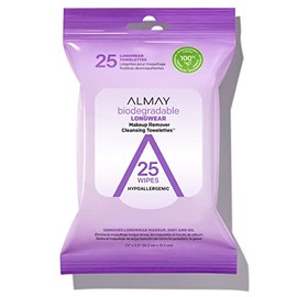 Almay Biodegradable Longwear Makeup Remover Cleansing Towelettes, Hypoallergenic, Cruelty Free, Fragrance free, Dermatologist Tested, 25 Makeup Remover Wipes
