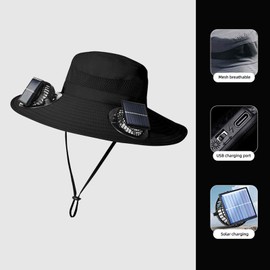 Wide Brim Sun Hats with 2 Solar Fan Outdoor Fishing Hat for Men Solar Powered Fan Hat Adjsutable 180°Rotating Cooling UPF 50+ Black