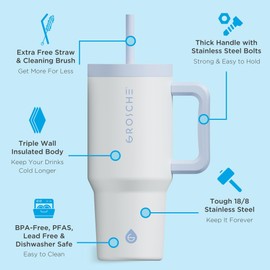 GROSCHE Aspen 32oz Tumbler with Handle and Straw - Extreme Insulation, Classy Aesthetic Design, Insulated Stainless Steel Tumbler with Handle, Lid and Straw, Canadian Brand! - 32 fl. oz, Frost White