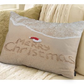 EKOBLA Merry Christmas Decorative Pillow Cushion Covers Xmas Quote Written On Tropical Beach Sand Oblong Rectangle Throw Pillow Cases for Sofa Bed Couch Cotton Linen 12x20 Inches