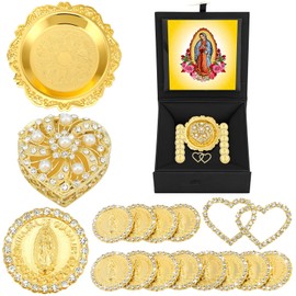 Dingion Wedding Arras Coins Set Arras Para Boda Catolica Decoracion Heart Shaped Box 13 Virgen of Guadalupe Coins Virgen De Guadalupe Gift Box Arras De Boda Cristiana Wedding Accessories (Gold)