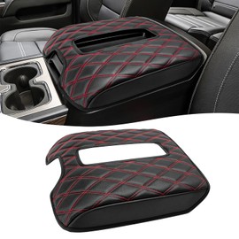 KBH Car Center Console Armrest Cover for Chevy Silverado & GMC Sierra 1500 2500 3500 2014-2018, Tahoe Yukon Suburban 2015-2020, Floor Console Bucket Seat, Vinyl Leather, Black-Red Double Stitch