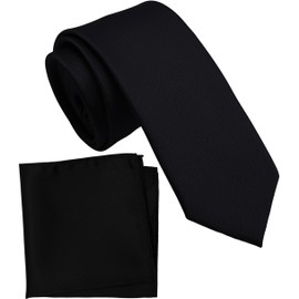 ZENXUS Boy's Solid Black Tie with Pocket Square Set, Small Necktie for Children and Kids, Self-Tied