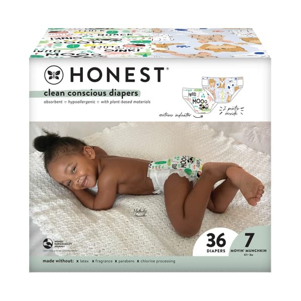 The Honest Company Clean Conscious Diapers | Plant-Based, Sustainable | Barnyard Babies + Itâs A Pawty | Club Box, Size 7 (41+ lbs), 36 Count