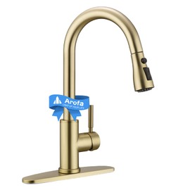 Gold Kitchen Faucet with Pull Down Sprayer, Arofa Stainless Steel Single Hole 3 Hole Deck Mount Gold Kitchen Sink Faucet Modern Industrial Brass RV Farmhouse Camper Champagne Bronze Kitchen Faucet