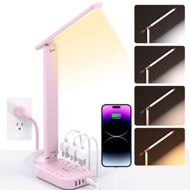 Dorm Room Essentials for Girls, Pink Power Strip with LED Desk Lamp, 3 Outlets 4 USB Ports, 4 Modes 5 Level Touch Lamp Small Desk Lamp for Home Office Bedroom Study Reading Light, 5ft Extension Cord