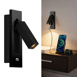 Wall Mounted Reading Light with USB, LED Bedside Reading Light with Switch, Adjustable Recessed Headboard Reading Lights Wall Sconce for Reading, Hardwired Reading Spotlight for Bedroom (Black)