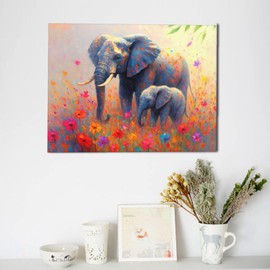 Funny Elephant Canvas Wall Art Colorful Flowers Elephant Painting Pictures Print Artwork Decoration for Bathroom Bedroom Nursery Wall Decor Canvas Framed Gifts 12”X16”