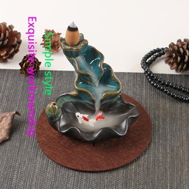Backflow Incense Burner Incense Holder Waterfall Ceramic Lotus Water Waterfall Incense Burner with 20 Incense Cones + 30 Incense Sticks Suitable for Home Decoration Yoga Crafts Blue