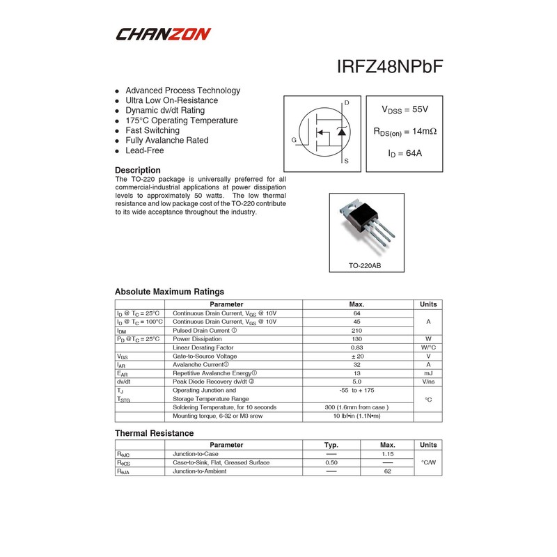 Chanzon IRFZ48 TO-220 Power Sic MOSFET 64A Transistor Pack of