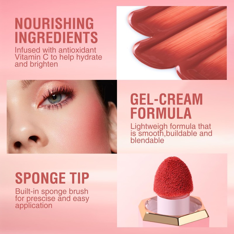 Cheek Gel Cream Liquid Blush, Soft, Lightweight, Breathable Feel, Long-Lasting,