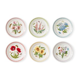 Portmerion Botanic Garden Meadow - 8" Round Salad Plate (Set of 6) | Assorted Florals with Colorful Laurel Leaf Border| Earthenware | Microwave & Dishwasher Safe | Home & Restaurant for Daily Use