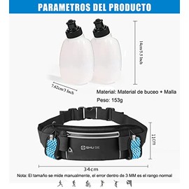 Cangurera Deportiva con 2 botellas de agua (2 x 280 ml),Riñonera reflectante para correr,Bolsa de cintura deportiva ajustable para maratón,Ideal para 