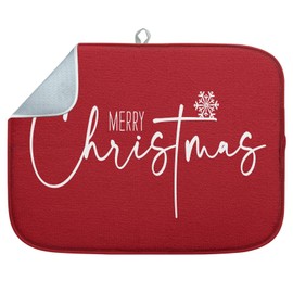 Sanwarm Dish Drying Mat, Merry Christmas Snowflakes Red Happy Absorbent Microfiber Pad for Kitchen Counter Decor, Heat Resistant and Reversible, 16" x 18"