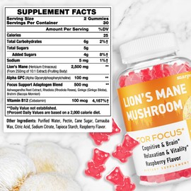 Lions Mane Gummies, Organic Lion's Mane, Lions Mane Gummies for Adults, with Ashwagandha & Alpha GPC, Cortisol Supplements for Women & Men, 60 Counts