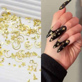 Hollow Moon Star Star Nail Charms Nails Art Studs Sparkle Rhinestones Gold Mix Sized Star Shaped Nail Jewelry Metallic Star Decorations Nail Gems Supplies for Women Girl DIY Nail Art Accessories 2 Box
