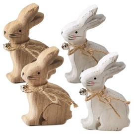 Logbuch-Verlag Set of 4 Small Wooden Easter Bunnies, Brown / White Wooden Bunny Set, Small Gift for Easter, Wooden Decoration, Natural, 10 cm