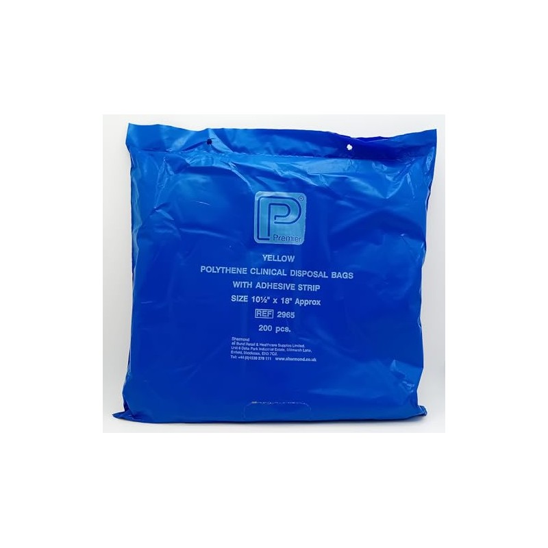 Yellow Polythene Clinical Disposable Bags 10.5" x 18" - Pack