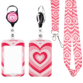 BKBKAAK Cute Pink Love Heart Lanyards for ID Badge Holder with Retractable Reel Clip Aesthetic Valentines Girls Women Preppy Lanyards ID Holder Lanyard for Keys Work School Office