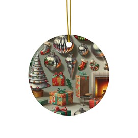 DistinctInk Hanging Ceramic Christmas Tree Ornament with Gold String - Great Gift/Present - 2 3/4 inch Diameter - Vintage Mid-Century Christmas