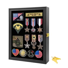 Military Pin Display Case Shadow Box, Solid Pine Wood Medal & Badge Display Frame with UV Protection Acrylic Door, Lockable Wall Mounted Holder for Patches, Insignia & Ribbons, 15.4" x 11.2" (Black)