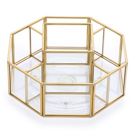 Hipiwe 360 Degree Rotating Glass Makeup Organizer- 5 Slots Gold Metal Cosmetic Storage Display Holder Octagon Dresser Bathroom Spinning Vanity Organizer For Makeup Brushes, Lipsticks, Perfume