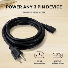 EP - Cable de alimentación de PC de 3 pies, 18 AWG 3 clavijas CA 10 amperios 125 voltios Cable de alimentación de repuesto para electrónica, TV, computadora, impresora, radio, monitor, negro