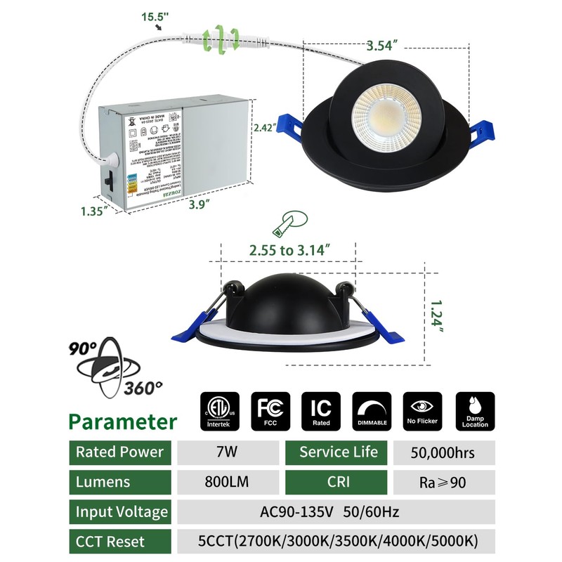 zouzai 3 Inch 5CCT Gimbal Black Led Recessed Lighting with