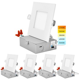 LUXRITE Iluminación empotrable LED cuadrada ultrafina de 4 pulgadas, 5 opciones de temperatura de color 2700K - 5000K, luz empotrable regulable, 10 W, clasificación IC, clasificación húmeda, luz LED