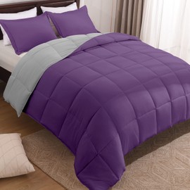 Basic Beyond King Size Comforter Set - Fluffy King Bed Comforter Set for All Seasons - Reversible Purple King Size Comforter Set - 3 Pieces (1 Comforter + 2 Pillow Shams) - Purple/Grey