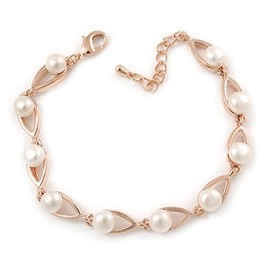 Delicate Classic White Simulated Glass Pearl Oval Link Rose Gold Tone Metal Bracelet/ 15cm L/ 3cm Ext/Size S