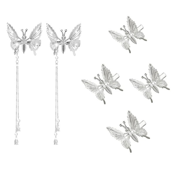 6PCS Moving Wings Silver Butterfly Hair Pins, 3D Cute Metal Hollow Tassel Hair Clips Barrettes, Bride Wedding Hair Accessories Hairpin for Women (Silver)