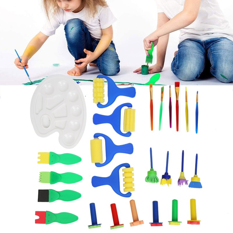 25Pcs Sponge Paint Brush Set Stamp Palette Kit Kids Graffiti