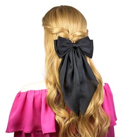 JGQUR Black Satin Hair Clips for Women– Pack of 2 Long Tail Bow Alligator Clips, Soft Ribbon Barrettes for Girls Daily Wear, Gifts for Birthday Party, Black Hair Bow