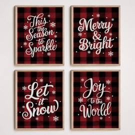 NOCTMETEOR 4Pcs Buffalo Plaid Christmas Wall Decor, Snowflake Christmas Quotes Wall Art Prints For Living Room, 8x10 Unframed