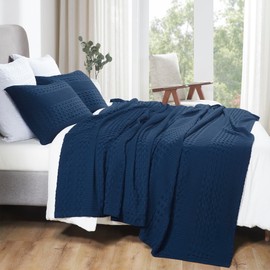 VHC Brands 100% Cotton Waffle Weave Queen Blanket 90"x90", Decorative Lightweight Spring and Summer Throw Blanket, Bedroom Decor for Bed, Couch, or Sofa, Navy