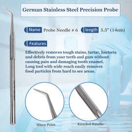 A2Z- 6pc Dental Pick Oral Hygiene Probe #6 45 degree Angled, Tooth Scraper Tartar & Plaque Remover- Professional,Personal & Pet Oral Care Use - Tooth Care at Home - 100% Stainless Steel, 5.5" Length