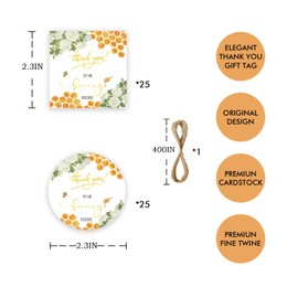 50pcs Bee Thank You Tags, Bee Gift Tag with String for Baby Shower Party, Round Thank You Paper Tags for Bee Themed 1st Birthday/Engagement/Honey Bridal Shower Party Favors