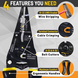Rack-A-Tiers Croc's Needle Nose Wire Strippers AWG 10-22, Wire Crimper & Stripper, Wire Stripper Cutter, Ergonomic Glow-in-the-Dark Handles, Wire Insulation Stripper (47000)