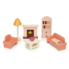 Mentari Toys - Sitting Room - Wooden Dollhouse Furniture Set for Dollhouse Living Room - Furniture Incl Sofa, Fireplace, Coffee Table and Other Accessories - Age 3+
