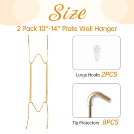 2 Pack Plate Hangers for The Wall, Suitable for 10-14 inch Art Plate, Stainless Steel Invisible Heavy Duty Wire Plate Holder with Wall Hooks, Plate Hangers for Displaying Plates, Platter, Dish, Gold