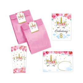 Minkocards 12 Invitation Cards for 8th Children's Birthday Girls Unicorn Invitation Eighth Girls' Birthday Includes 12 Envelopes, 12 Party Bags / Pink, 12 Stickers, 12 Bookmarks
